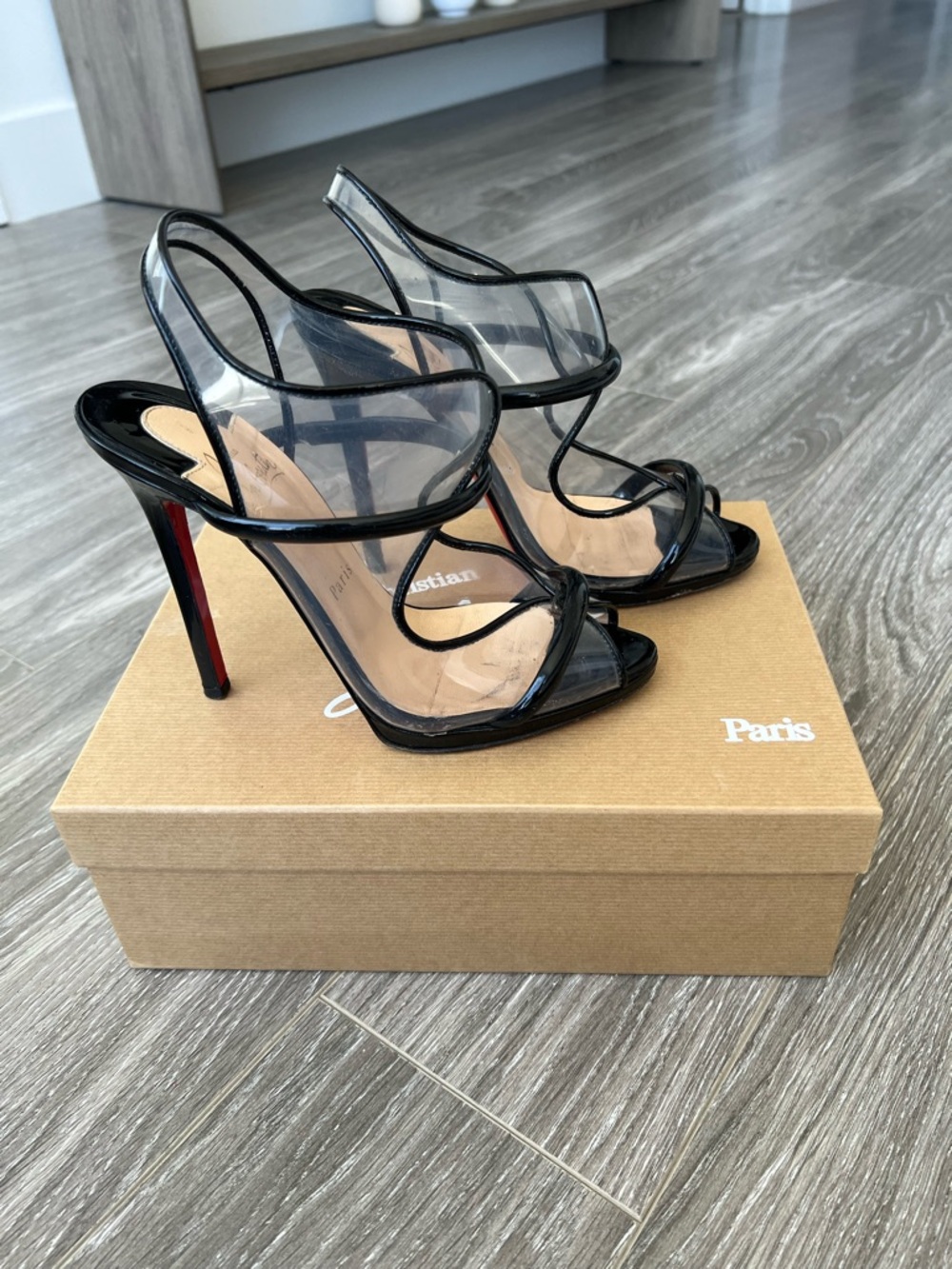 Christian Louboutin Black Patent & Clear Strappy Stiletto Sandals - Picture 3 of 8
